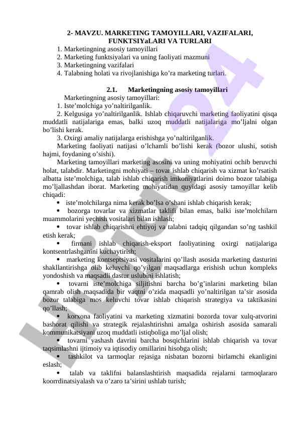 Marketing tamoyillari va funktsiyalari tahlili