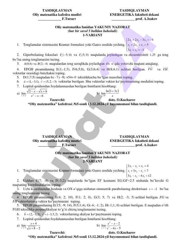 Oliy matematika fanidan yakuniy nazorat savollari