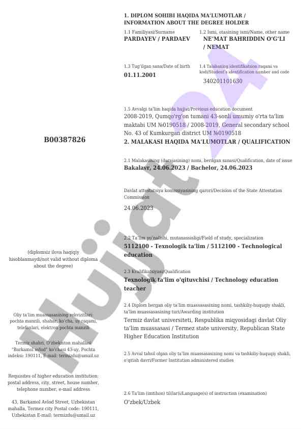 Diplom sahibining ma'lumotlari to'liq o'zbekcha