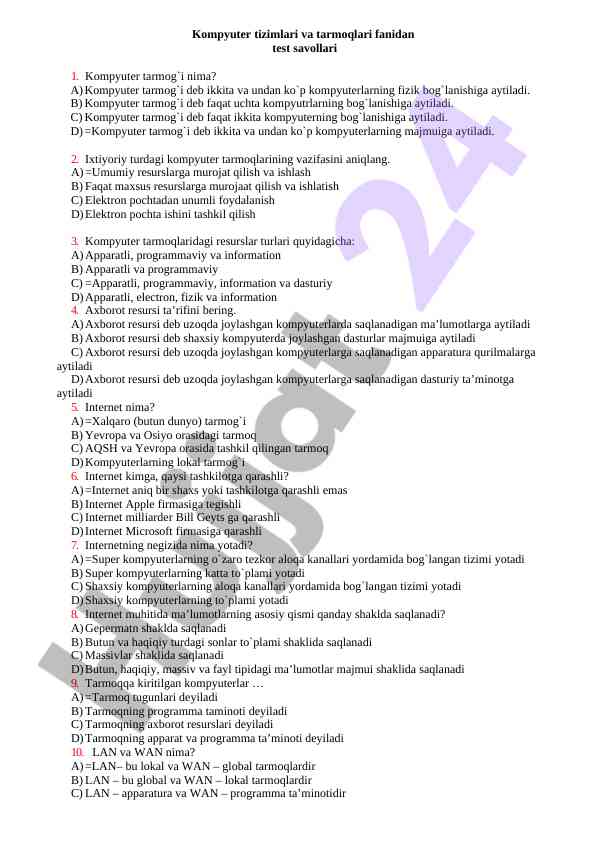 Kompyuter tizimlari va tarmoqlari test savollari