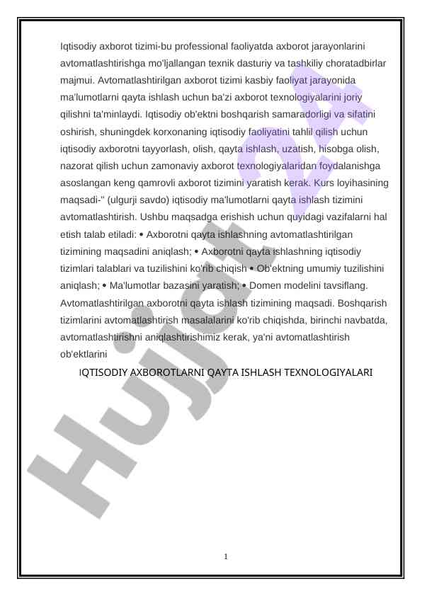Iqtisodiy axborot tizimining avtomatlashtirilishi