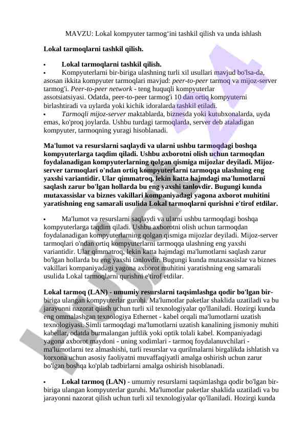 Lokal kompyuter tarmog‘ini tashkil qilish usullari