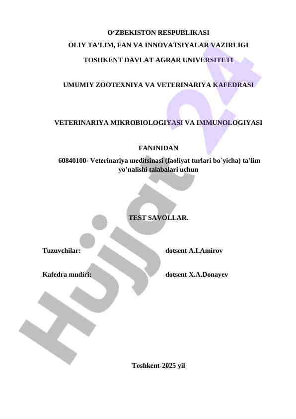 Veterinariya mikrobiologiyasi bo‘yicha test savollari