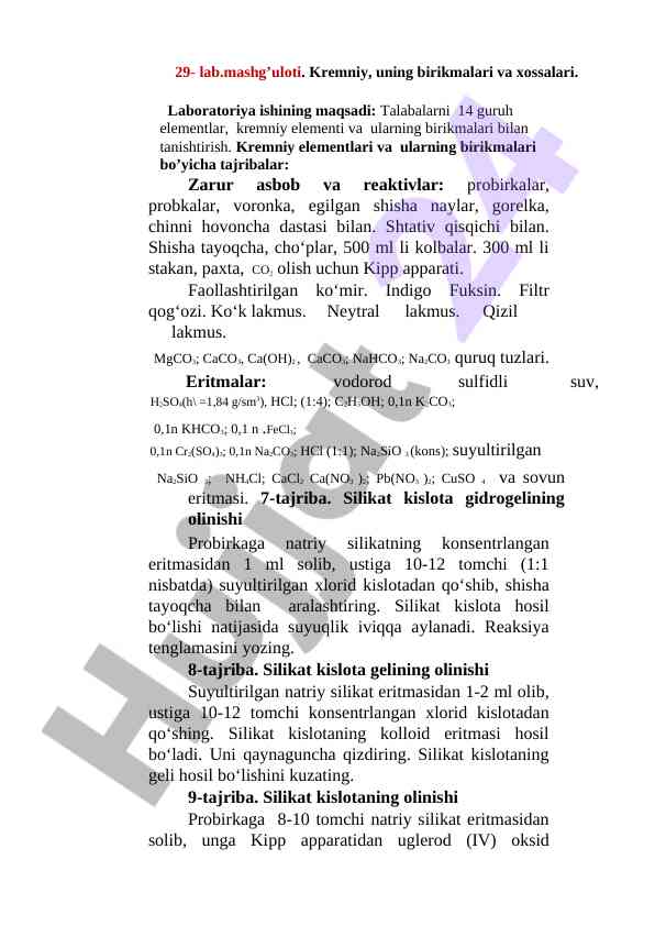 Kremniy elementlari va ularning birikmalari tajribalari