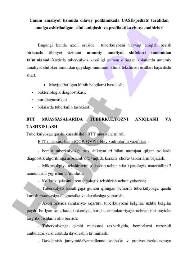 Tuberkulyozni aniqlash va profilaktika chora-tadbirlari