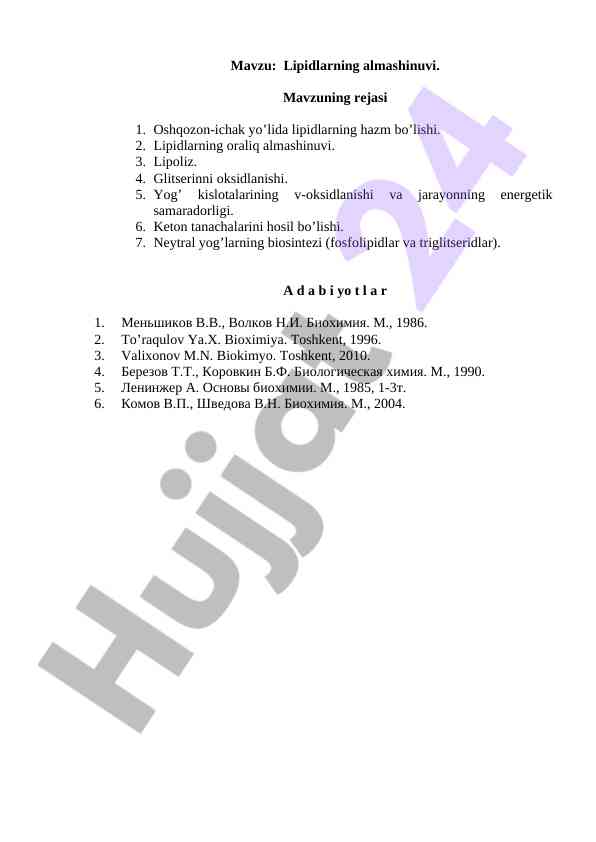 Lipidlarning almashinuvi va hazm bo'lishi