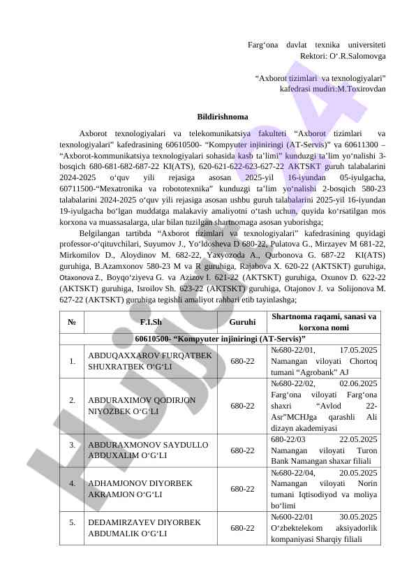 Axborot tizimlari va texnologiyalari malakaviy amaliyot