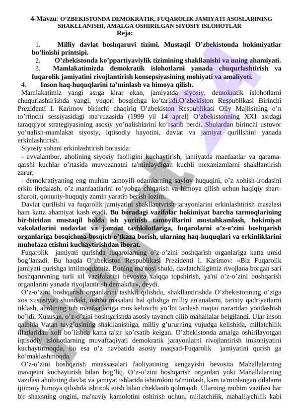 O‘zbekiston demokratik fuqarolik jamiyatining asoslari