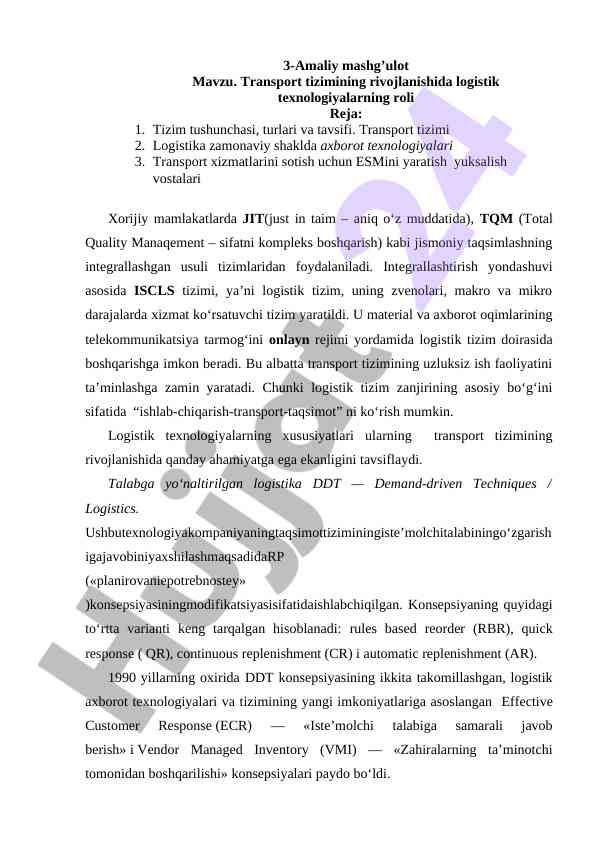 Transport tizimida logistik texnologiyalar roli