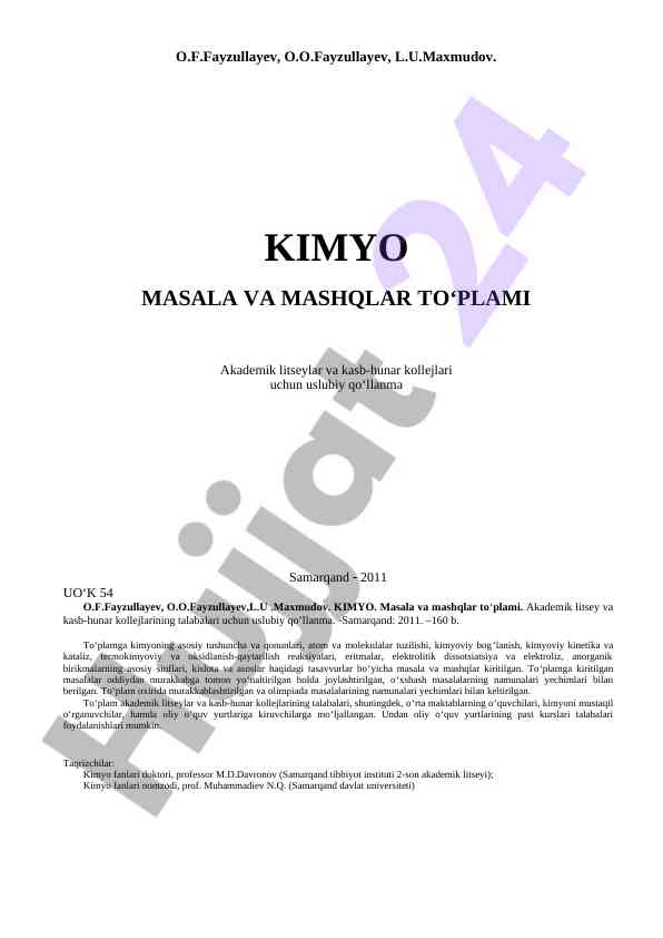 Kimyo masala va mashqlar to‘plami uslubiy qo‘llanma