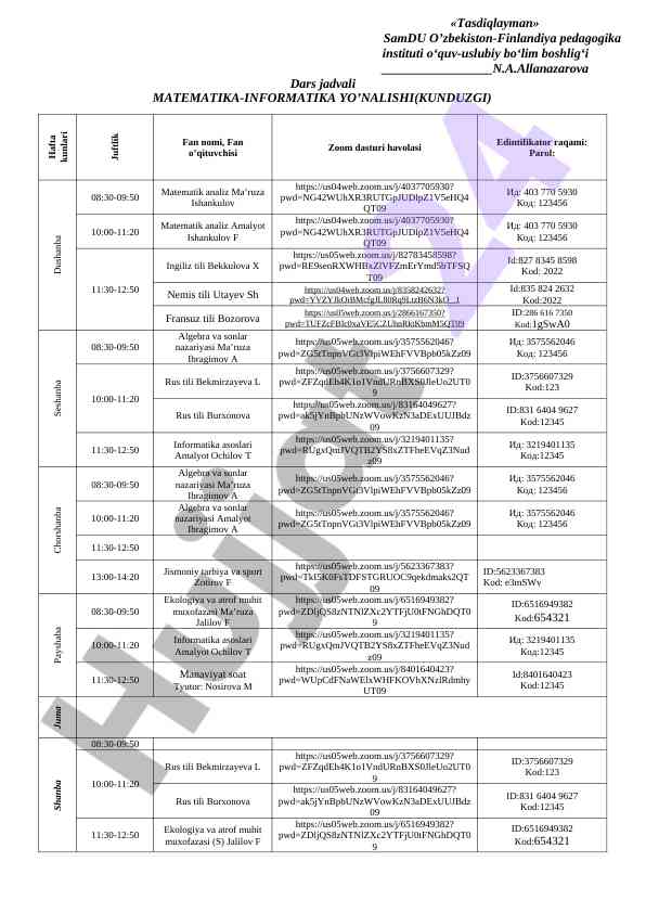 Matematika-informatika o‘quv dars jadvali