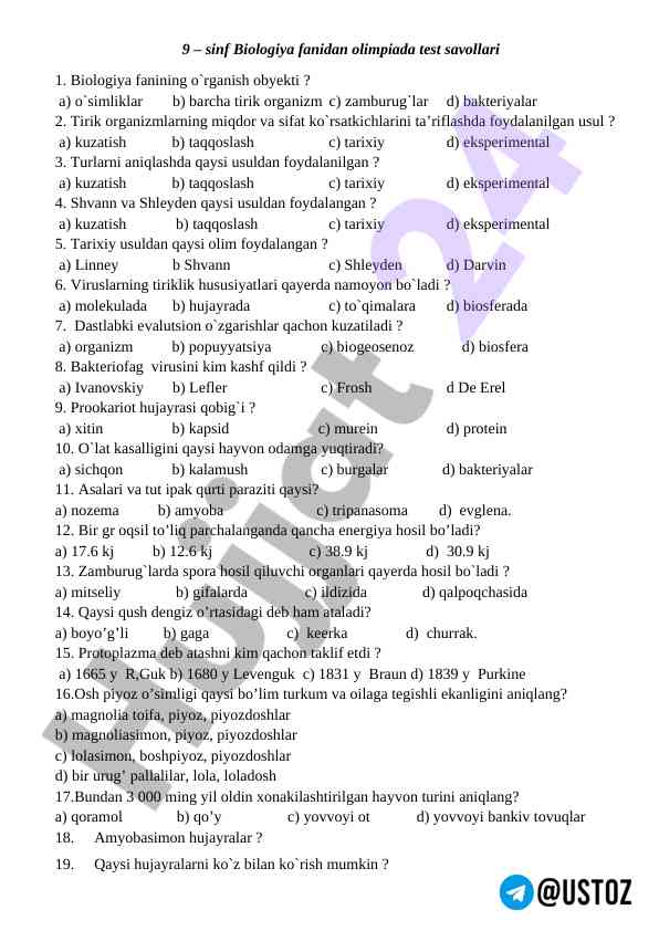 9-sinf biologiya fanidan olimpiada test savollari
