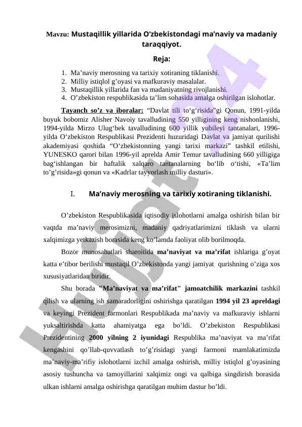 O‘zbekistondagi ma’naviy va madaniy taraqqiyot