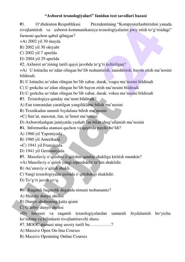 Axborot texnologiyalari test savollari bazasi