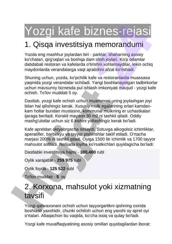 Yozgi kafe biznes-rejasi ma'lumotlari