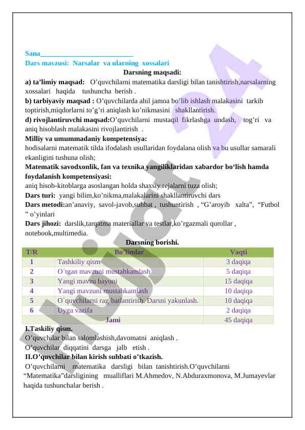 Narsalar va ularning xossalari dars ishlanmasi