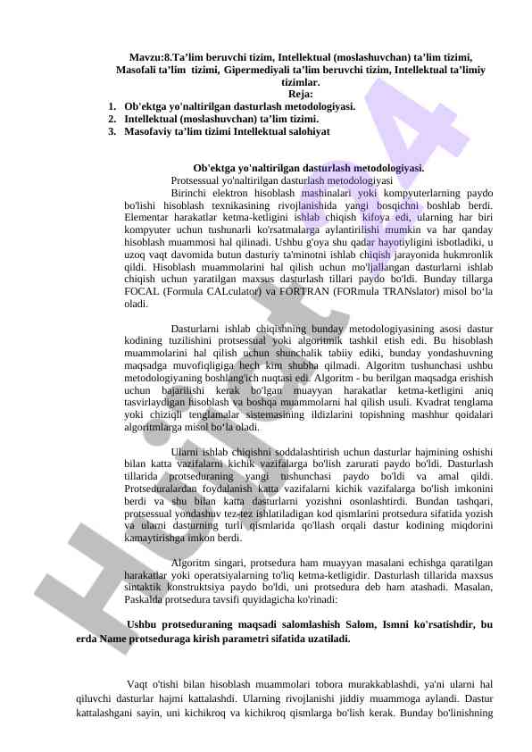 Intellektual ta’lim tizimlari va dasturlash metodologiyalari