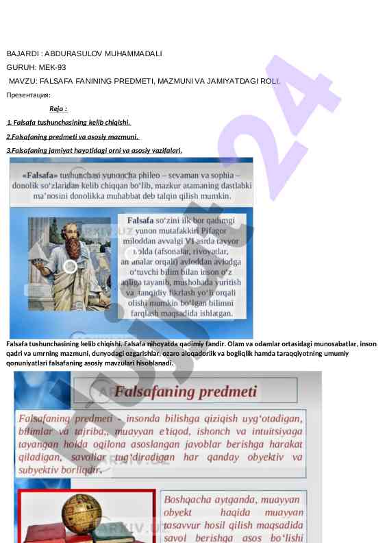 Falsafa fanining predmeti va jamiyatdagi roli