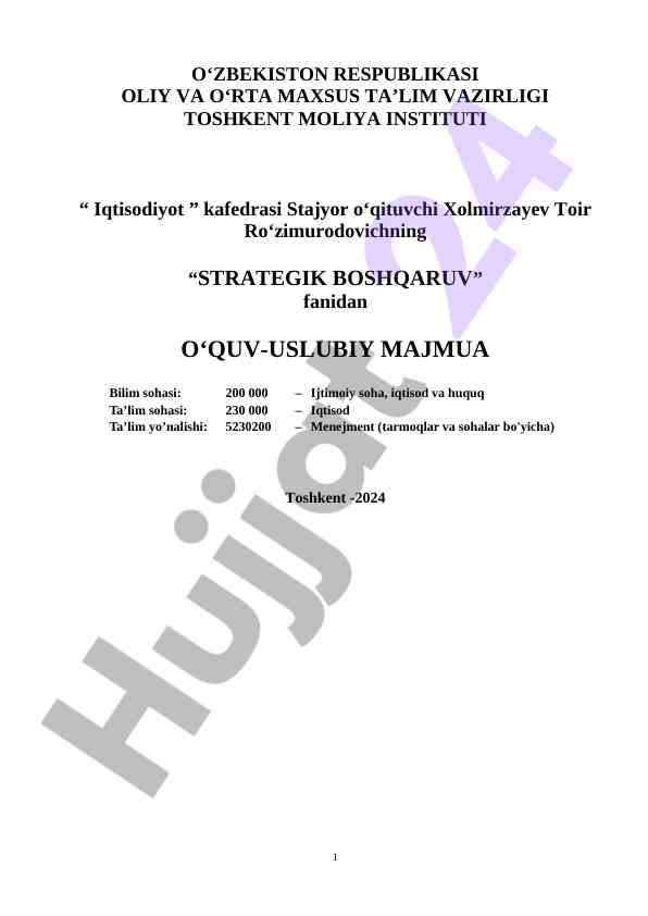 Strategik boshqaruv fanidan oʻquv-uslubiy majmua