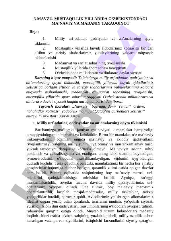 O‘zbekiston mustaqillik yillarida madaniy taraqqiyot