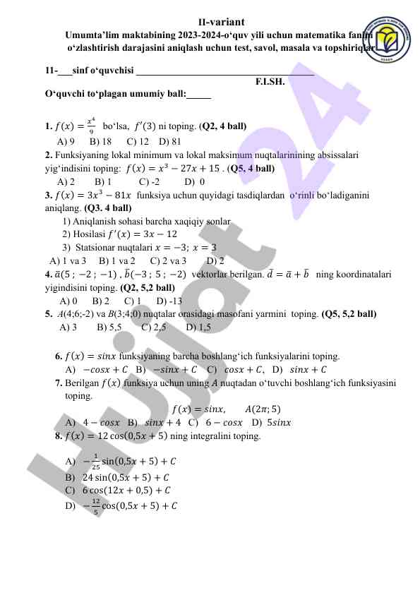 Matematika fanidan test savollari 2023-2024