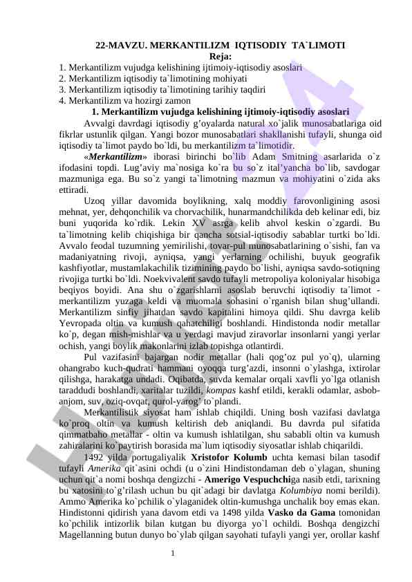 Merkantilizm iqtisodiy ta`limoti tahlili