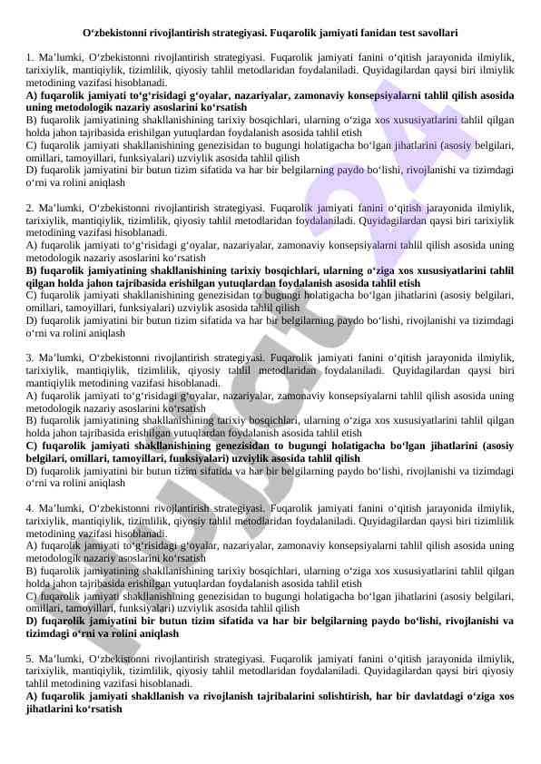 Fuqarolik jamiyati fanidan test savollari