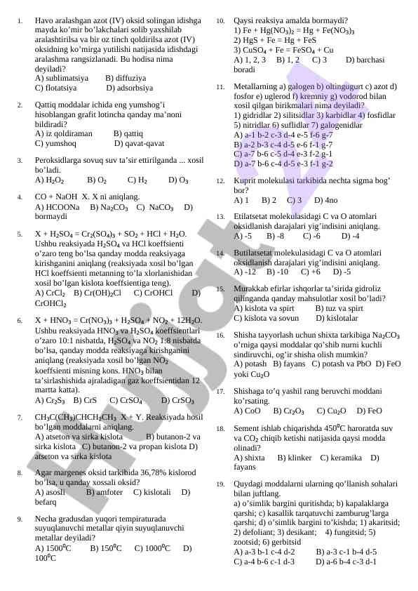 Kimyo fanidan test savollari va javoblar