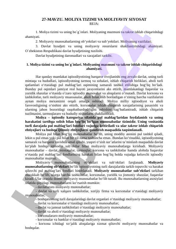 Moliya tizimi va moliyaviy siyosat tahlili