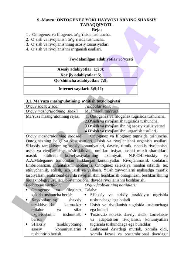 Ontogenez yoki hayvonlarning shaxsi rivojlanishi