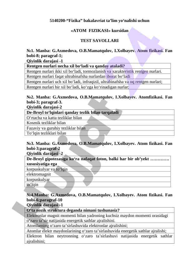 Atom fizikasi kursiga oid test savollari