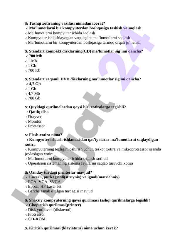 Kompyuter xotiralari haqida savollar