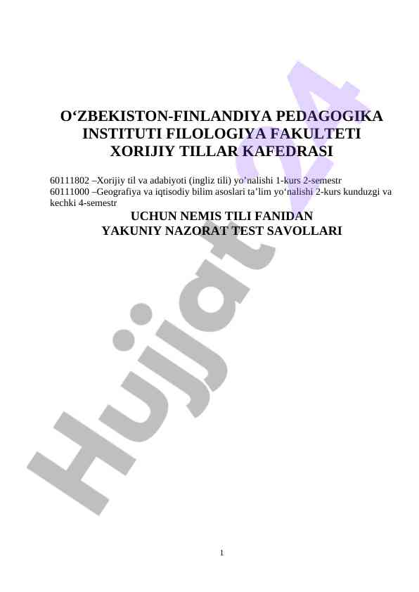 Nemis tili fanidan yakuniy nazorat test savollari