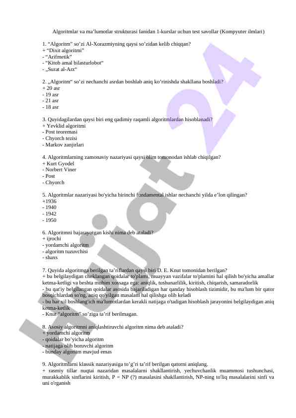 Test savollar algoritmlar va ma'lumotlar strukturasi