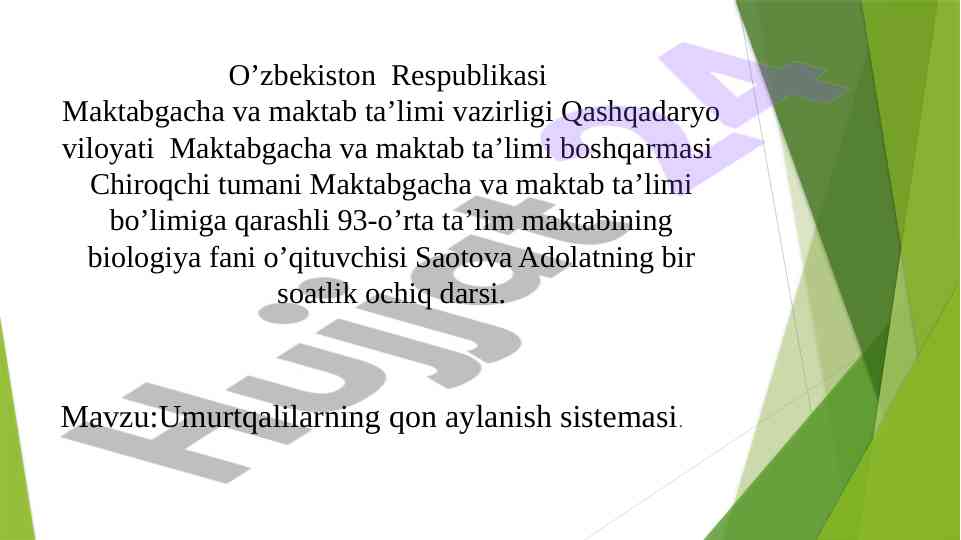 Umurtqalilarning qon aylanish sistemasi dars rejasi