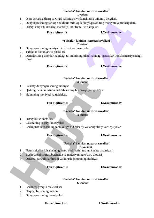 Falsafa fani nazorat savollari 1-variant