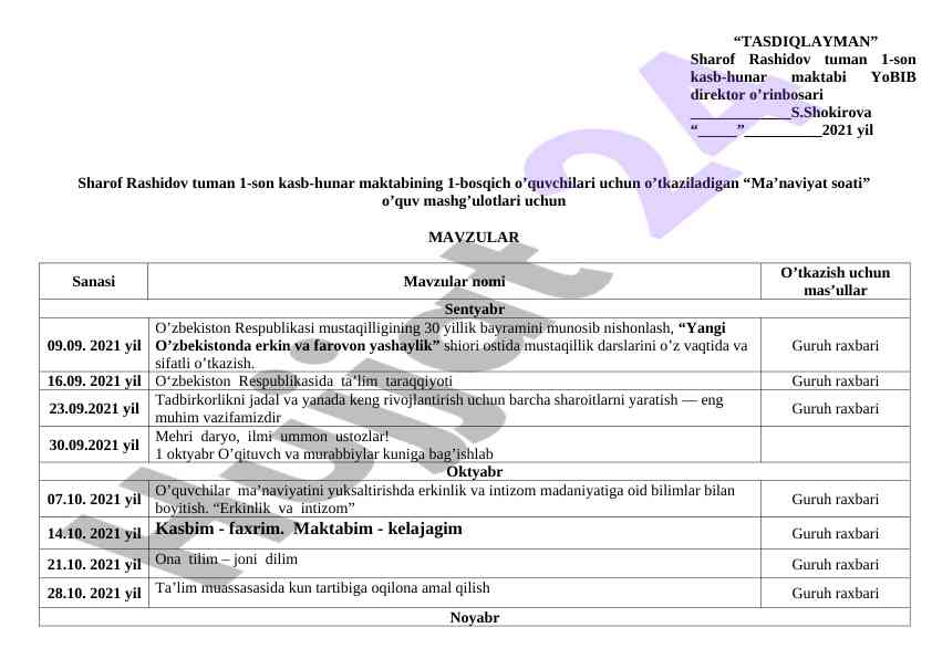 Ma'naviyat soati o'quv mashg'ulotlari mavzulari