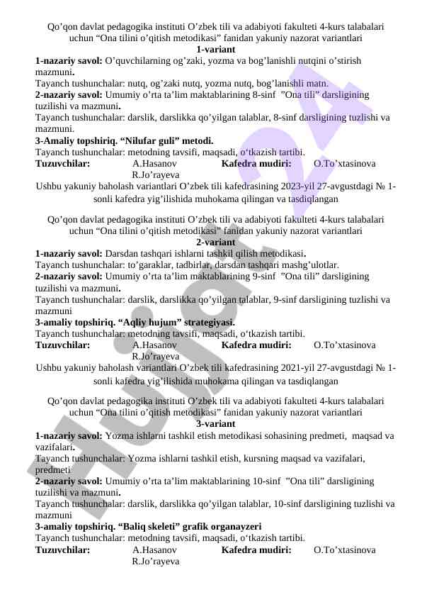 Ona tilini o'qitish metodikasi yakuniy nazorat variantlari