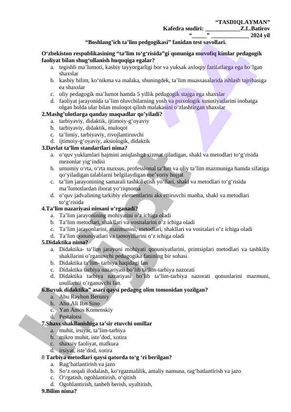Boshlang’ich ta’lim pedagogikasi test savollari