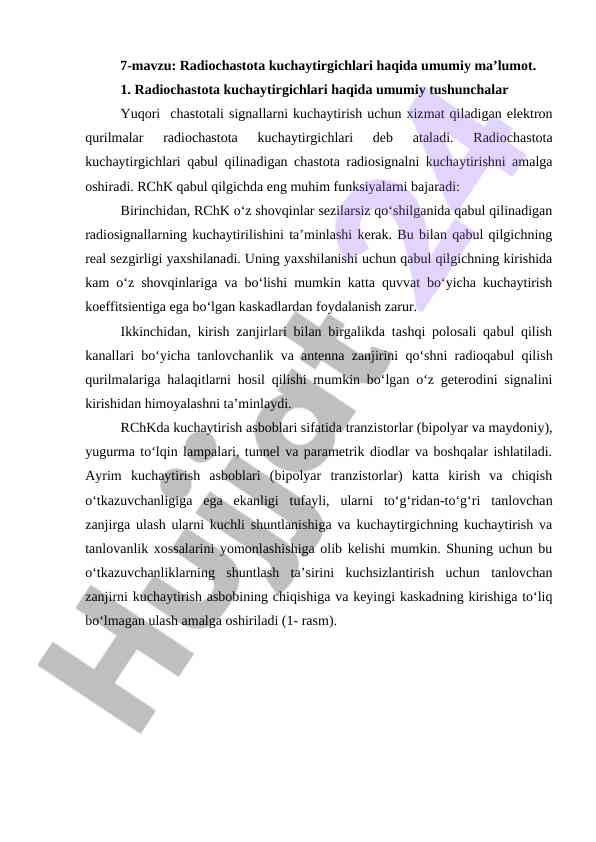 Radiochastota kuchaytirgichlari haqida umumiy ma'lumot
