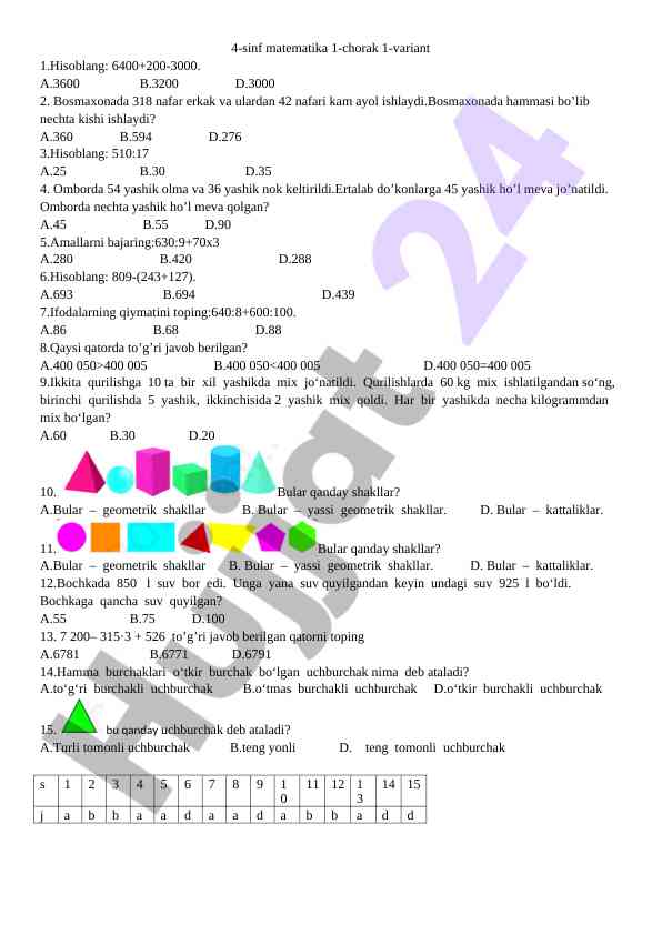 4-sinf matematika test savollari 1-chorak