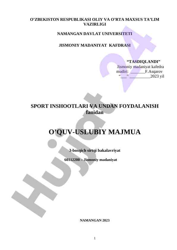 Sport inshootlari va undan foydalanish o'quv uslubiy majmua