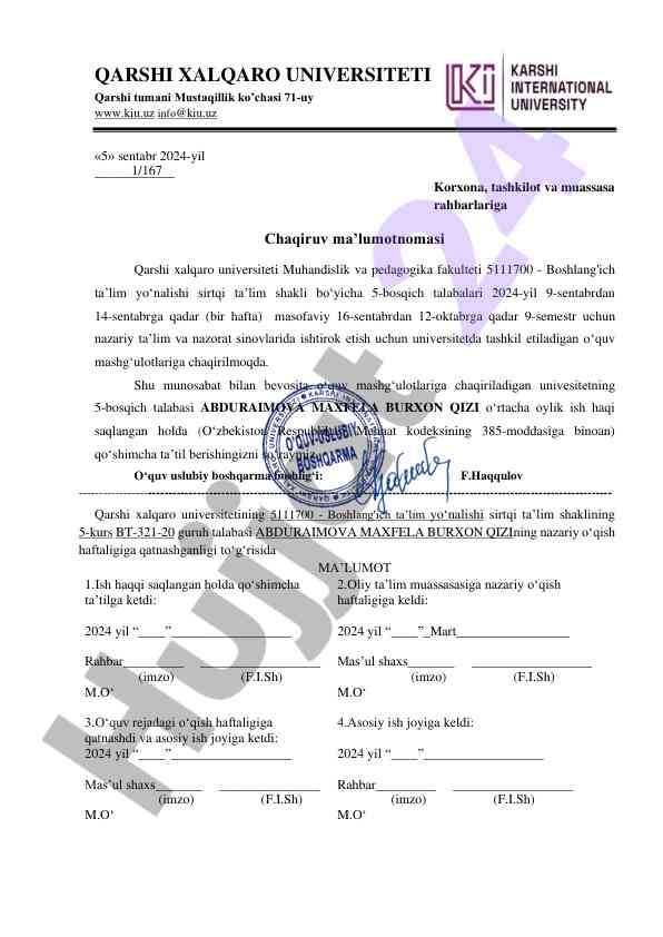 O‘quv mashg‘ulotlariga chaqiruv ma’lumotnomasi