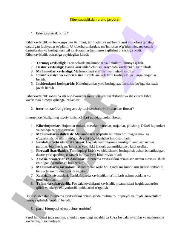 Kiberxavfsizlik asosiy tushunchalari va javoblar