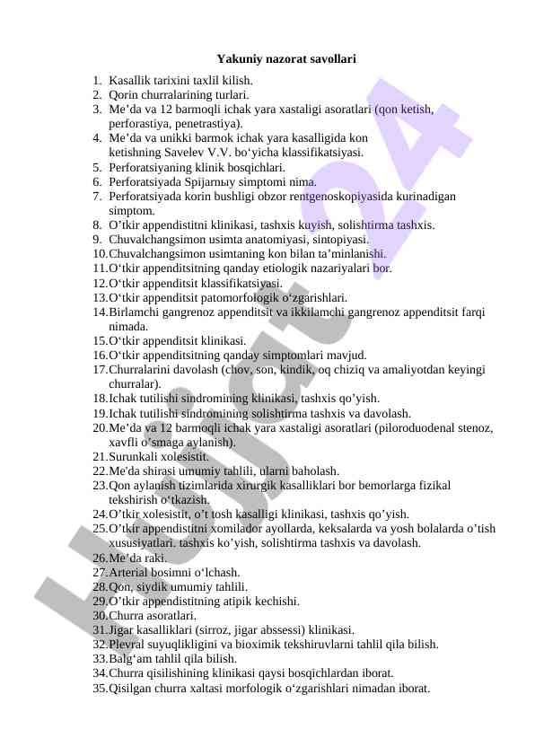 Kasallik tarixi va o’tkir appenditsit tahlillari
