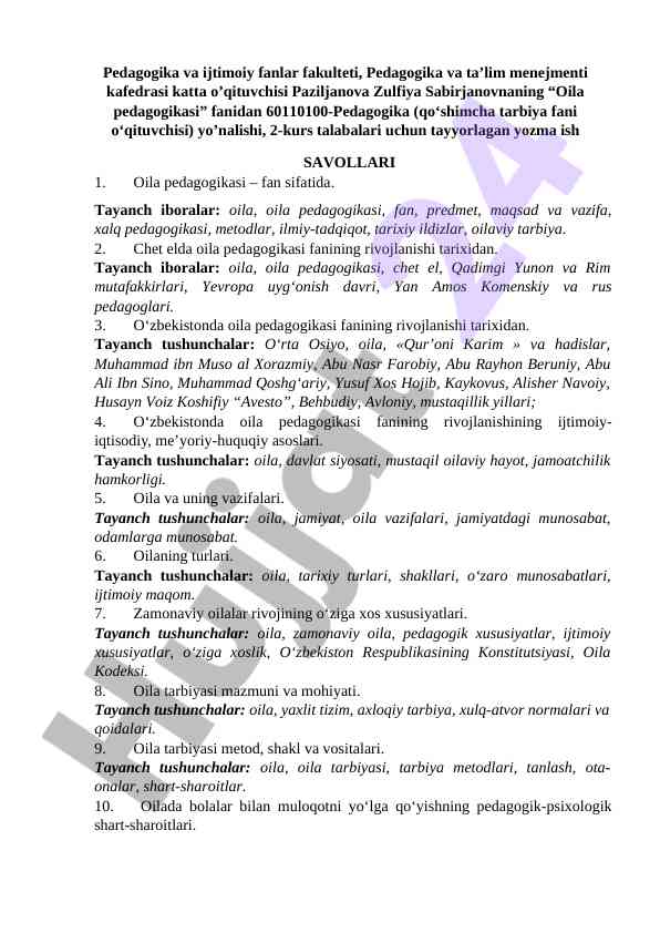 Oila pedagogikasi fanining rivojlantirish tarixi