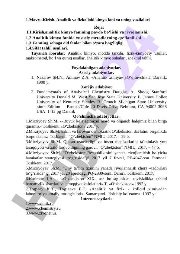 Analitik va fizkolloid kimyo fani bo'yicha kirish darsligi