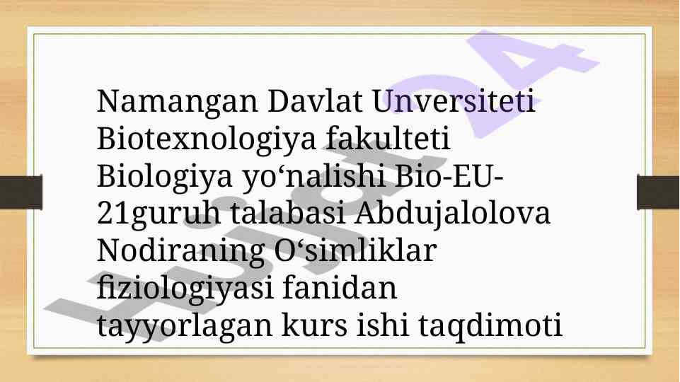 Oʻsimlik hujayrasi energetikasi bo‘yicha kurs ishlari