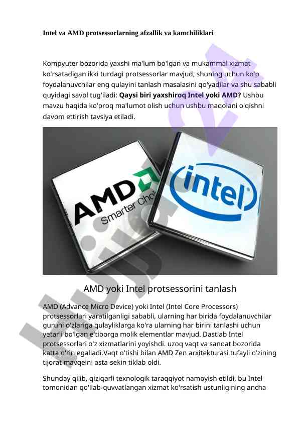Intel va amd protsessorlarining afzalliklari va kamchiliklari