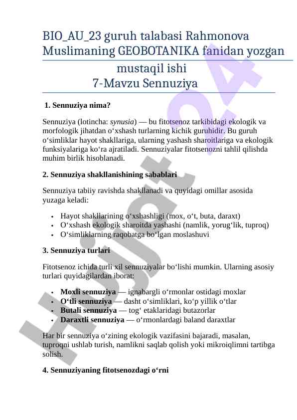 Sennuziya: fitotsenoz va ekologik muhit tahlili